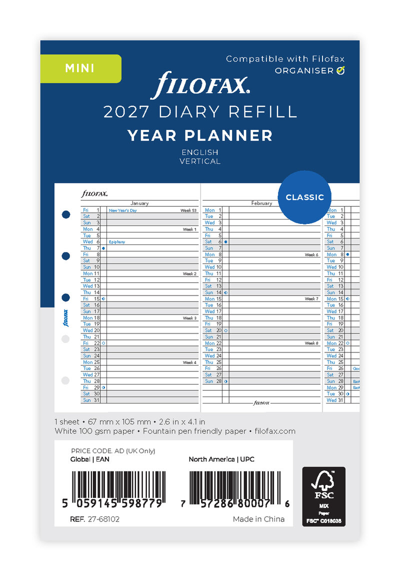 Filofax - Årsplan Mini 2027, Engelsk